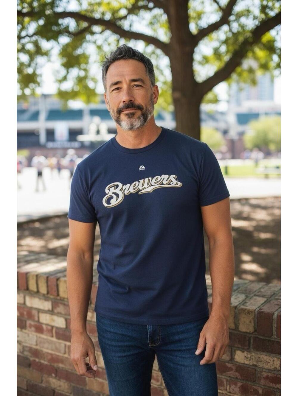 Milwaukee Brewers Majestic Navy Logo T Shirt MLB Baseball Mens Size Large